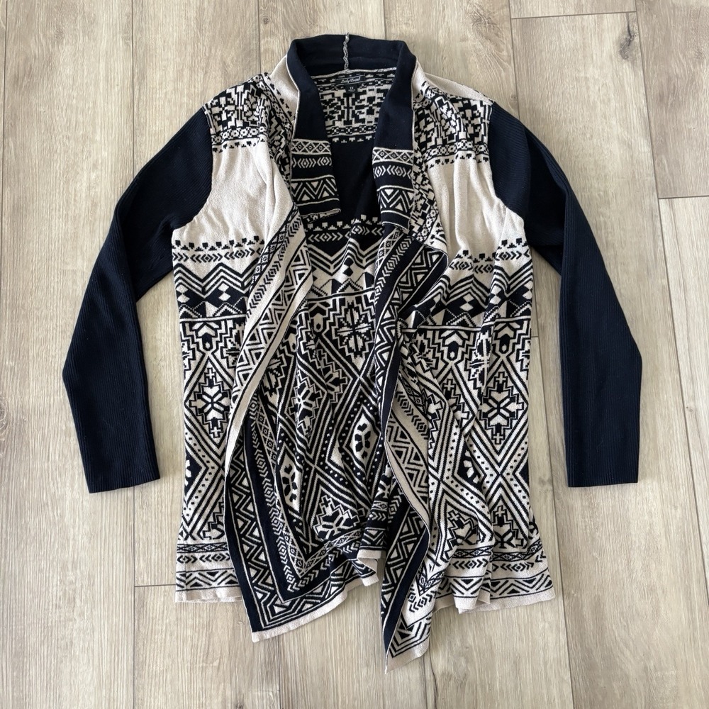 Lucky Brand 1X Black & Tan Aztec Print Open Front‎ Cardigan Sweater Boho Western